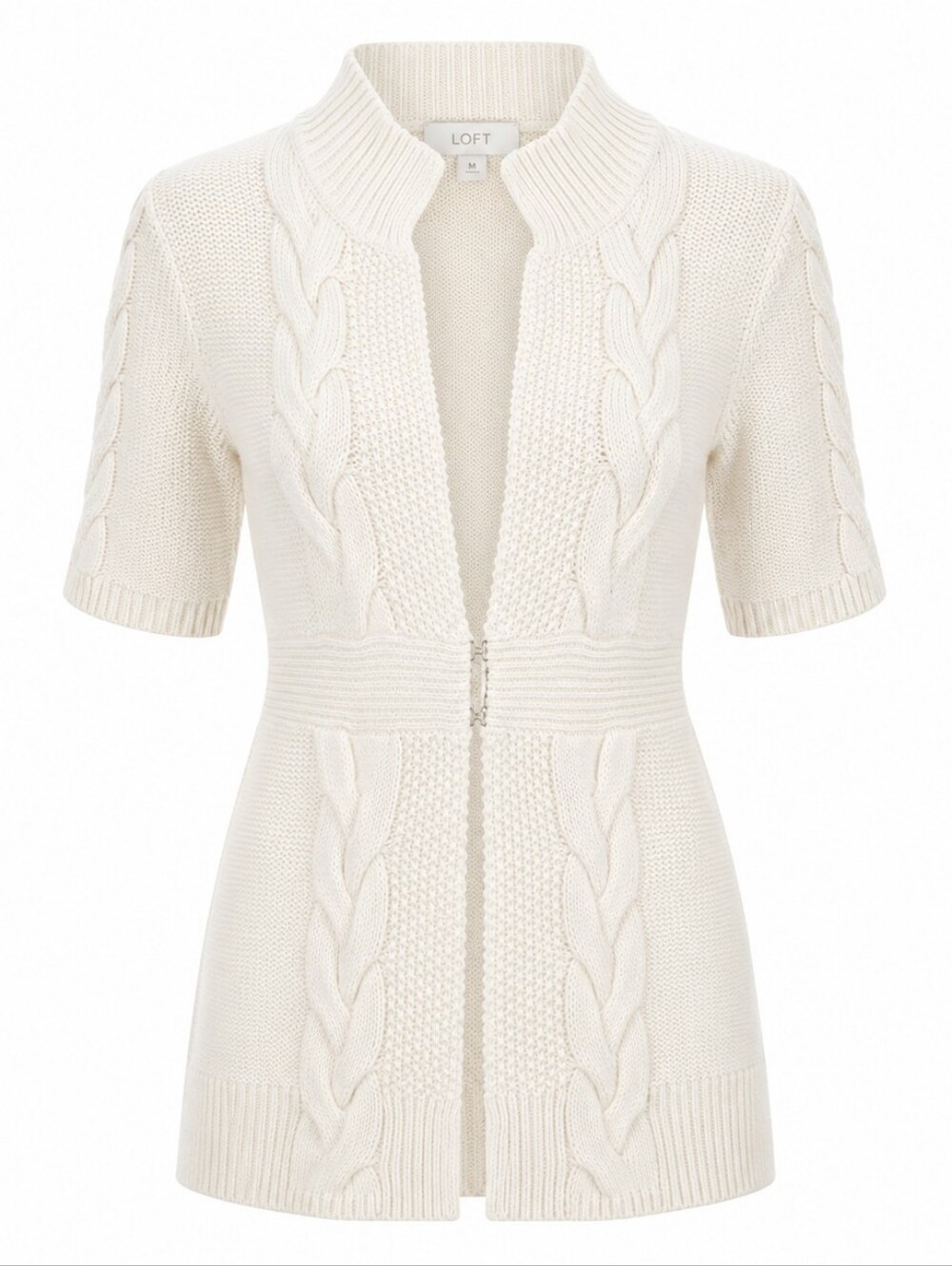 LOFT | Cream Cable Knit Short Sleeve Cardigan Cotton Coastal Grandma | M
